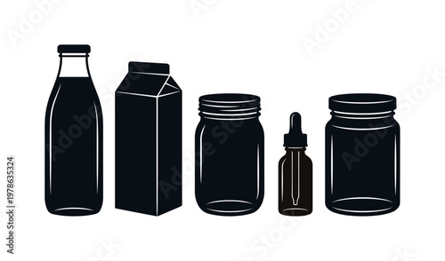 Glass milk bottle tall narrow neck, paper carton for milk rectangular top fold, reusable glass jar with screw lid, amber glass