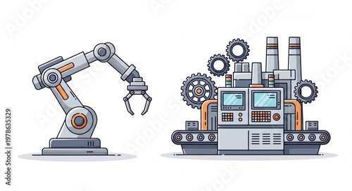 Industrial robot arm and automated factory production line.