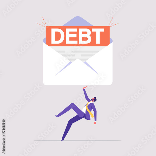 Financial obligation or loan payment concept, overspending mistake causing debt burden, receives debt, big debt letter crashing businessman down