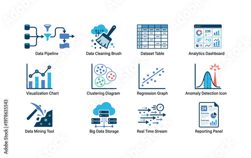 Data processing and analytics with data pipeline, data cleaning brush, dataset table, analytics dashboard, visualization chart,