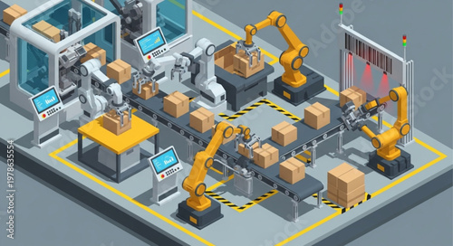 Automated factory production line with robotic arms and conveyor belts.