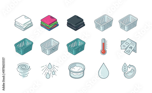 Collection of laundry care icons and symbols for washing clothes and fabrics