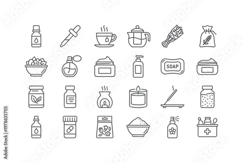 Lavender and herb products with essential oils, teas, dried bundles, cosmetics and natural wellness items clean monoline outline