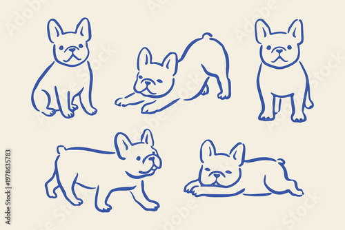 French bulldog set naive doodle vector illustration