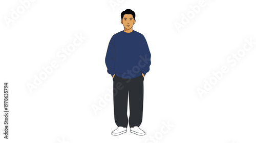 Young Man Standing Casual Attire Full Body Portrait.