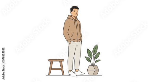 Young Man Standing Near Houseplant in Interior Setting.