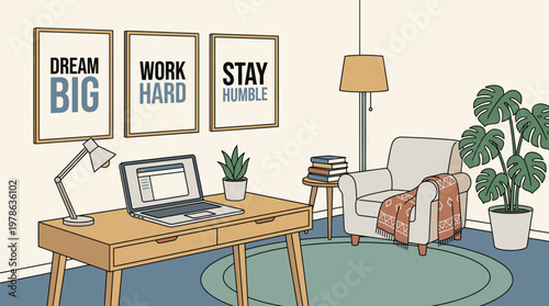 Modern Home Office Workspace with Desk and Plants.