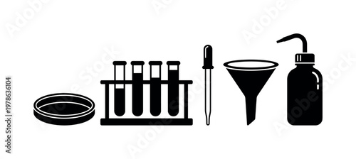 Petri dish shallow round container, test tube rack holding tubes, pipette dropper slim tube, laboratory funnel cone shape, wash