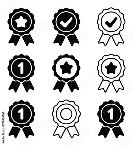 Collection of Ribbons and Medals with Stars, Checkmarks, and Number 1