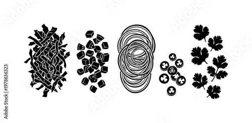Shredded lettuce thin leaf strips, diced tomatoes small cube pieces, onion slices ring thin layers, jalapeno slices round rings,