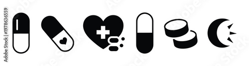 Medical Pills, Heart with Cross, and Sun/Moon Symbol