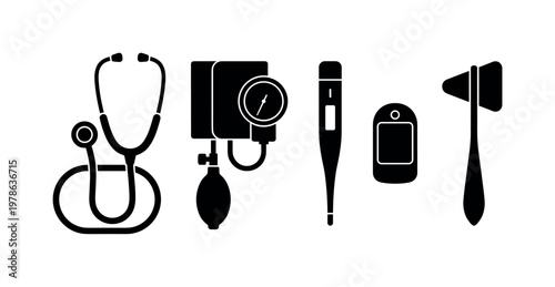 Stethoscope medical device looped tubing shape, blood pressure monitor cuff with gauge, digital thermometer slim probe design,