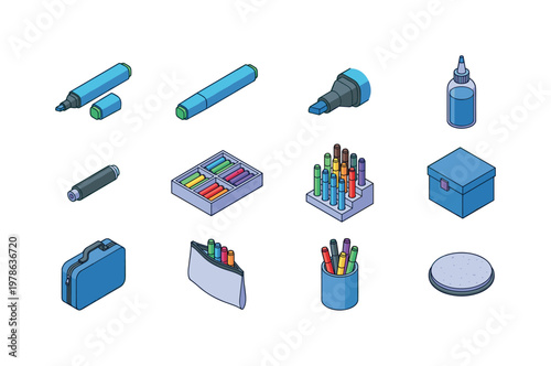 Marker cap open, marker cap closed, marker tip detail, marker ink refill bottle, marker refill cartridge, marker case organizer,