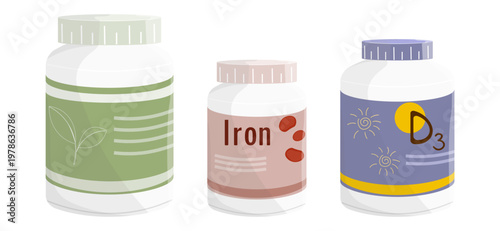 Flat vector illustration of three medical supplement bottles featuring labels for herbal extracts, Iron, and Vitamin D3. Perfect for health, nutrition, and wellness themes.