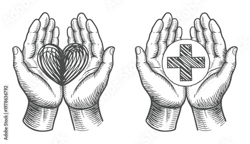 Two pairs of cupped hands holding a heart and a medical cross
