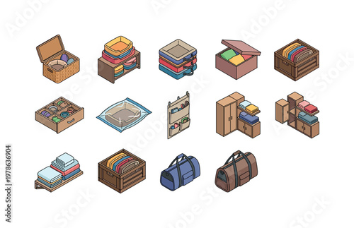 Pet bed storage basket, shelf with pet beds, folded travel beds stack, storage box for cushions, drawer organizer for pet items,