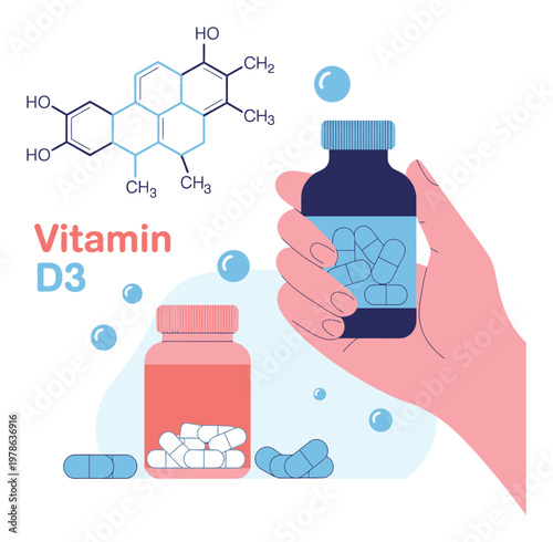 Vitamin D3 Supplementation: Chemical Structure, Pills, and Hand Holding Bottle