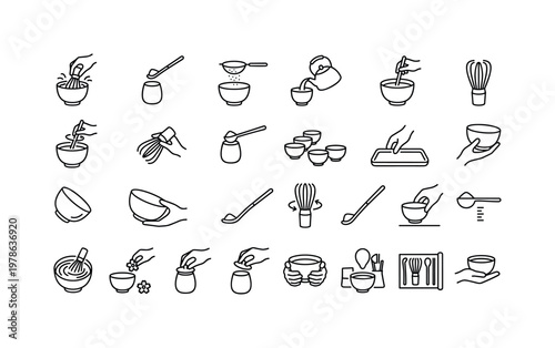 Matcha set usage with whisking, scooping, sifting, pouring, stirring, arranging, and serving actions clean monoline outline icon