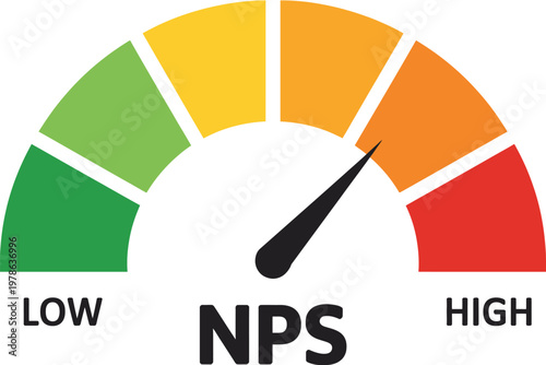 Colorful gauge showing net promoter score levels from low to high, perfect for customer feedback tracking, satisfaction metrics, analytics dashboards, and modern business reporting design.