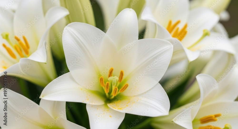 Obraz premium White lilies with yellow stamens in a bouquet.