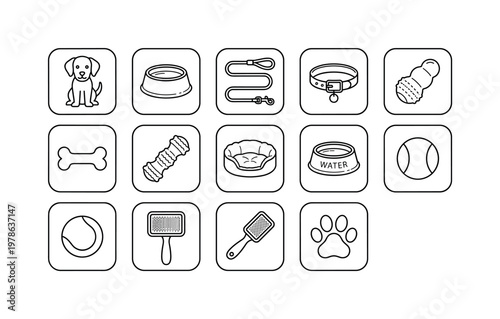 A home dog setup featuring a sitting dog, dog bowl, leash, collar, chew toy, bone, dog bed, water bowl, ball, grooming brush, paw