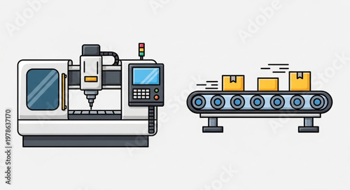 Modern CNC machine and automated conveyor belt with boxes.