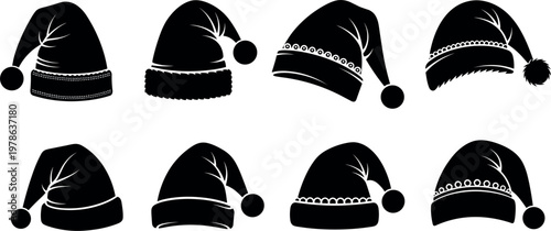 Christmas Santa Hat Silhouette Set Featuring Winter Holiday Caps with Pom Pom and Decorative Patterns for Festive Season Design Collection