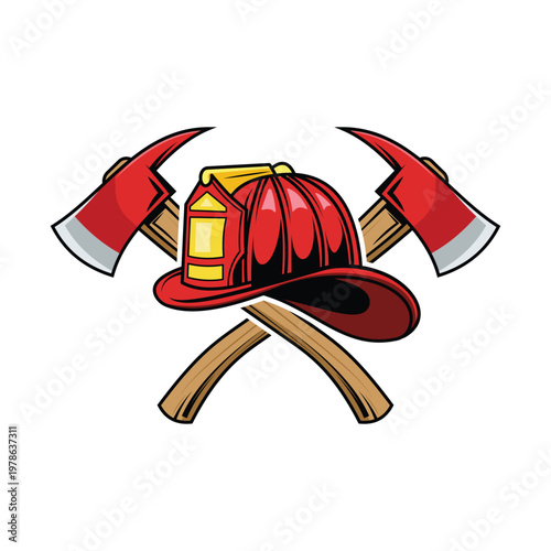 Firefighter Helmet and Axe Crossed Rescue Gear Vector Illustration