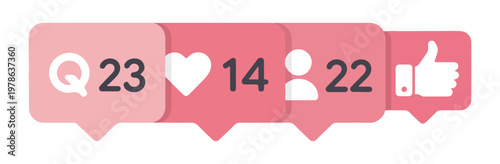 Social media notification bubbles with likes comments shares and followers counts overlaying each other vector.