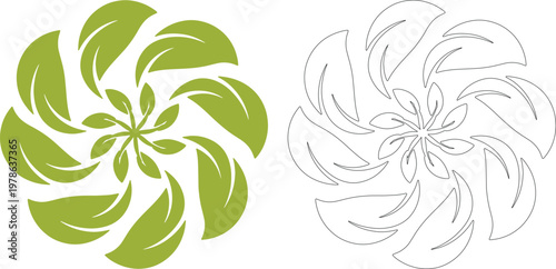 Green leaf swirl mandala and outline