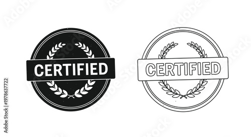 Two certified emblems a black and a white circular badge design