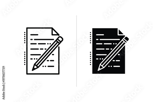Writing on paper with pencil, black and white vector illustration flat design