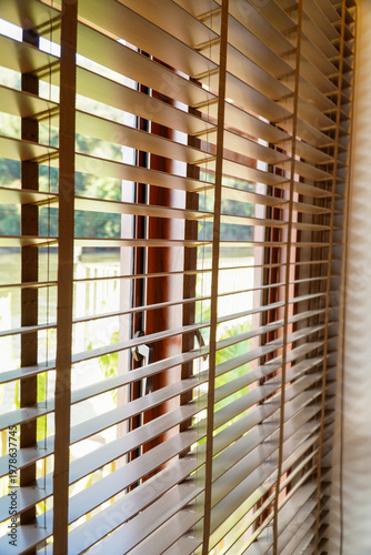 window blinds are brown and the view outside is blurry. The light is dim and the room is cozy