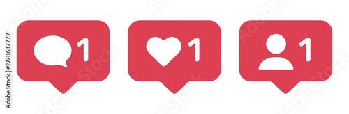 Social media notification icons set with comment heart and follower counts on white background vector.