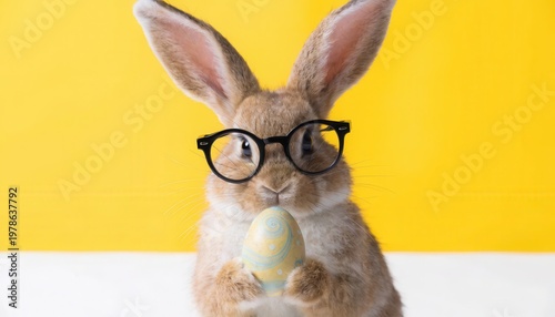 A rabbit wearing glasses holds an egg in front of a yellow background