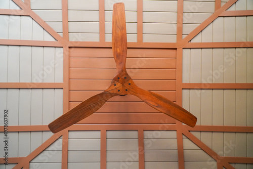 Wooden ceiling with real wood electric fan.,Electric vintage ceiling fan