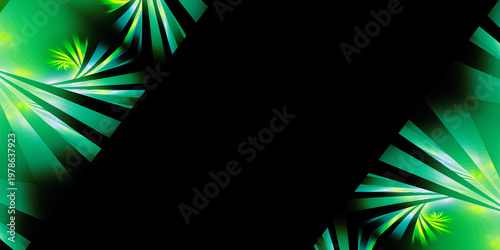 Abstract fractal dark background for your design. The black background is framed at two corners by leaves of abstract plants. Copy space. 3D rendering. 3D illustration.