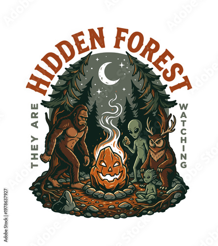 Mysterious forest creatures including Bigfoot alien owl and mythical being gathered around a glowing jackolantern campfire under a crescent moon and starry night sky vintage retro t shirt design