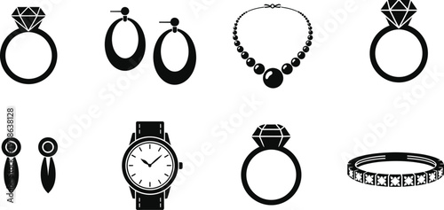 Elegant jewelry collection a black and white illustration of rings earrings necklaces and a watch