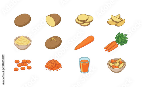 Whole potato brown, potato half cut, potato slices round, potato wedges pieces, mashed potato bowl, baked potato whole, whole