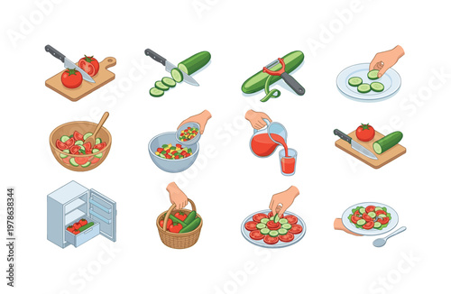 Cutting tomato with knife, slicing cucumber into pieces, peeling cucumber skin, placing slices on plate, mixing tomato cucumber
