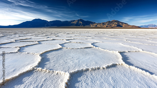 Crystalline salt flat landscape with geometric patterns and mountains