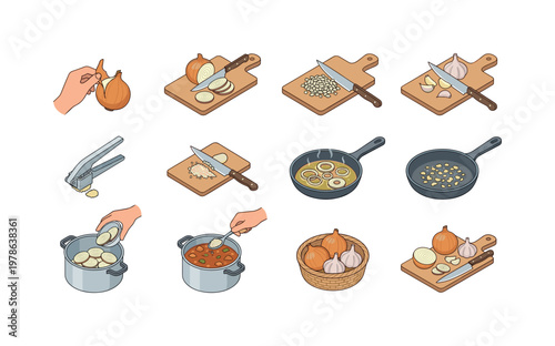 Peeling onion skin, slicing onion with knife, chopping onion finely, cutting garlic cloves, crushing garlic with press, mincing