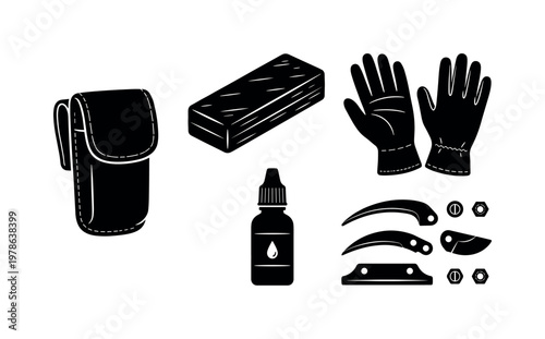 Pruning accessories including tool holster pouch, sharpening stone block, protective gloves pair, blade oil bottle, replacement