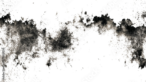 Black grunge texture with smudges and splatters on white surface abstract design element