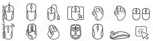 computer mouse icons set, wireless and wired input devices collection, clean vector outline illustration isolated on transparent background