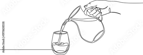 pouring water or milk from carafe into drinking glass, continuous line drawing, line art vector illustration