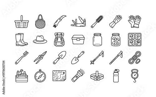 Mushroom harvesting tools with baskets knives containers and foraging equipment clean monoline outline icon set showing exactly 24