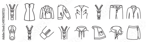 clothing zipper icons set, garment fastener details collection, clean vector outline illustration isolated on transparent background