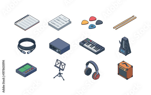 Music notebook, sheet music pages, guitar picks set, drum sticks pair, microphone cable, audio interface device, MIDI keyboard